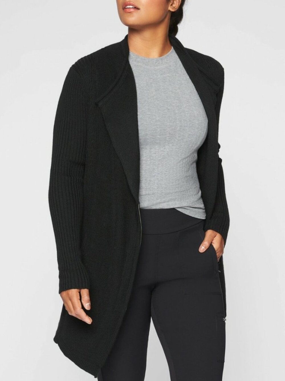 Athleta Sentinel Asymmetrical Zip Merino Wool Sweater Cardigan Black Size M